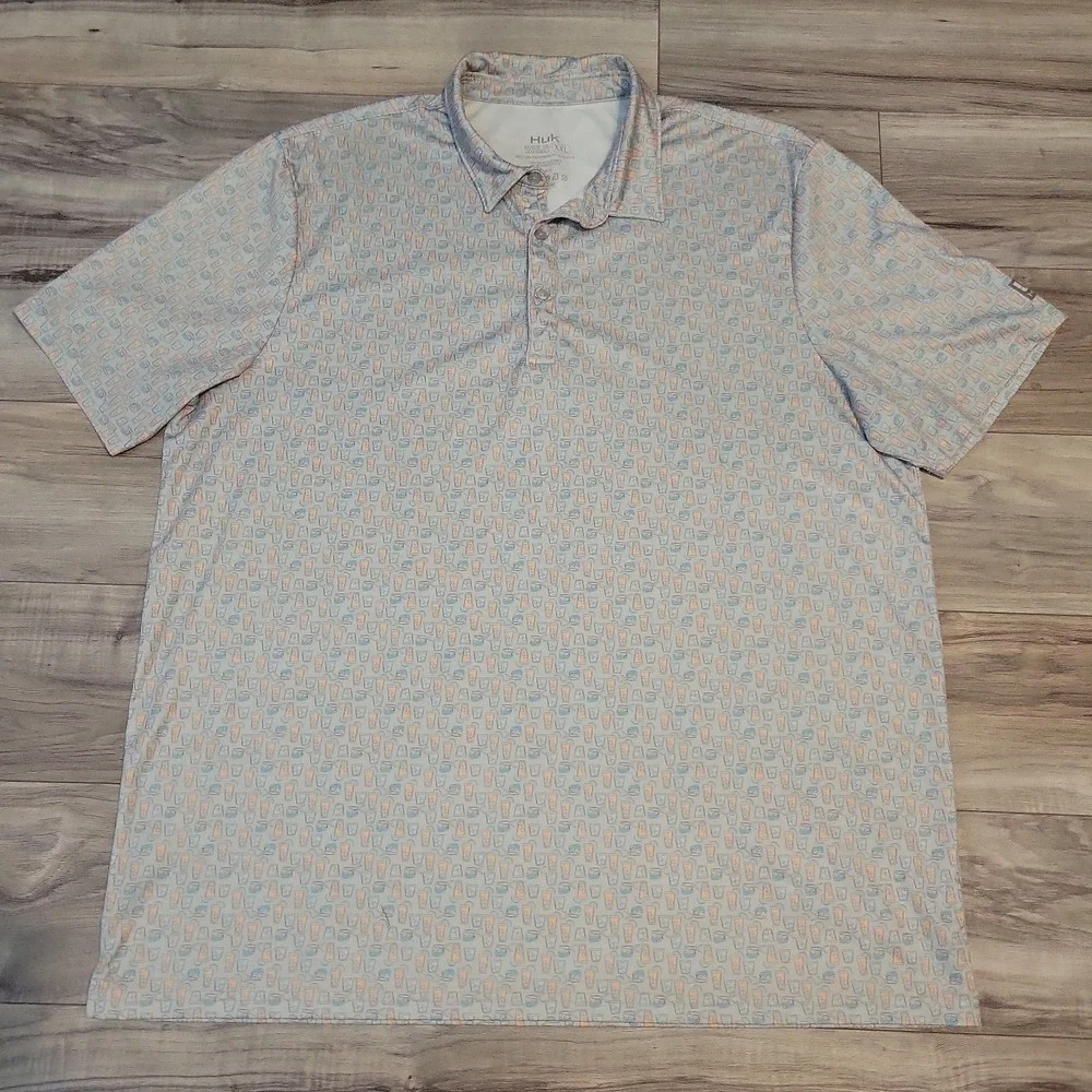 Huk Pursuit Grey Performance Polo Shirt Cocktails AOP Mens‎ Large Short Sleeve